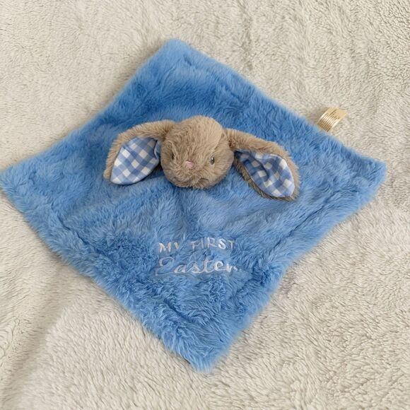 MTY My First Easter Bunny Rabbit Baby Lovey Rattle Security Blanket Blue Plaid - Picture 1 of 5